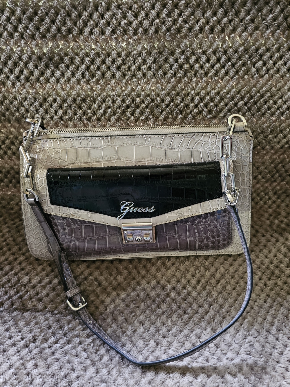 GUESS Tri-Tone Croc-Embossed Shoulder Bag Beige, Gray & Black w Silver Hardware